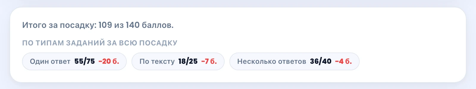 Строка отчёта по типам заданий за всю посадку